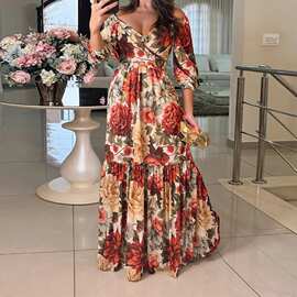 2026新款春装女装 跨境欧美连衣裙子 时尚优雅V领印花大摆长裙