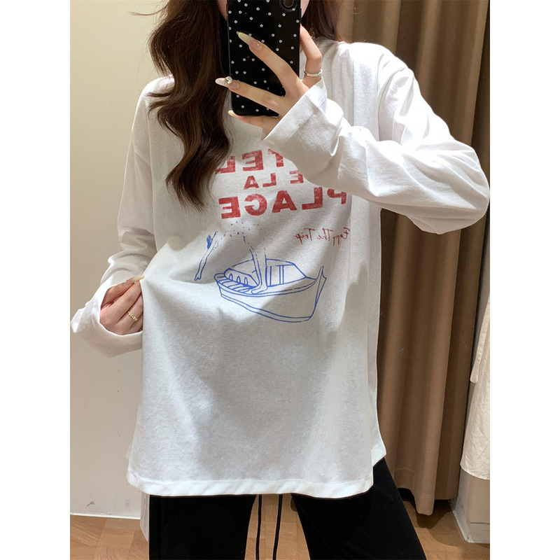 3549# IN BLUE 红人店同款！薄款复古做旧字母印花长袖打底T恤|undefined
