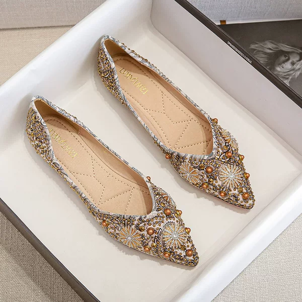 Ethnic Style Flats for Women Summer 2025 New Style Rhinestone Metal Printed Shallow Mouth Pointed Toe Flats Bottom Large Size Women's Shoes 41 to 43