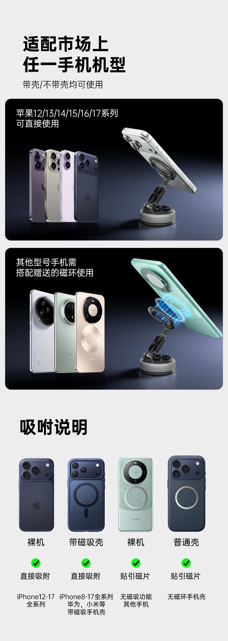 New multi-scenario magnetic ring stand, multifunctional desktop mount, rotatable detachable suction cup car phone holder