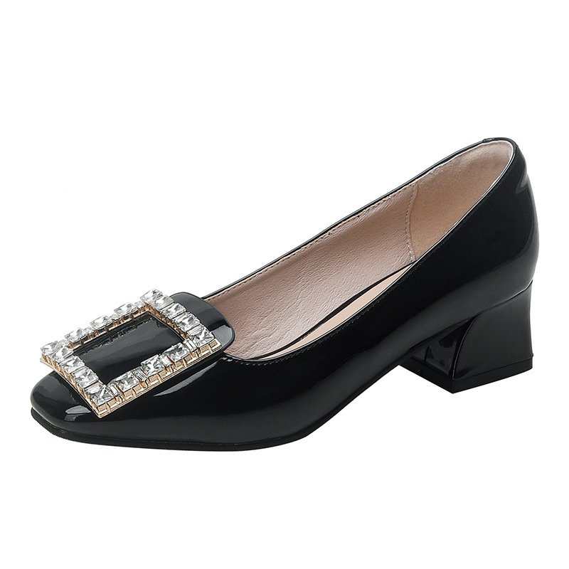 2022 nuevos zapatos de primavera para mujer, estilo coreano de todo fósforo, diamantes de imitación, hebilla cuadrada, temperamento, zapatos de mujer, tacón grueso, punta redonda, tacones altos negros