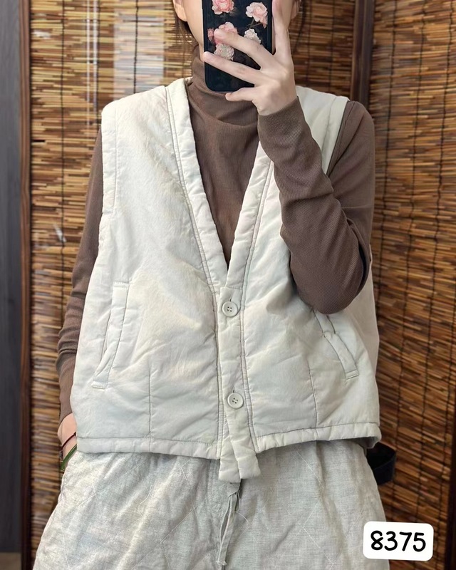 新款复古棉质金典棉马甲女V领无袖宽松外搭保暖开衫棉服|undefined