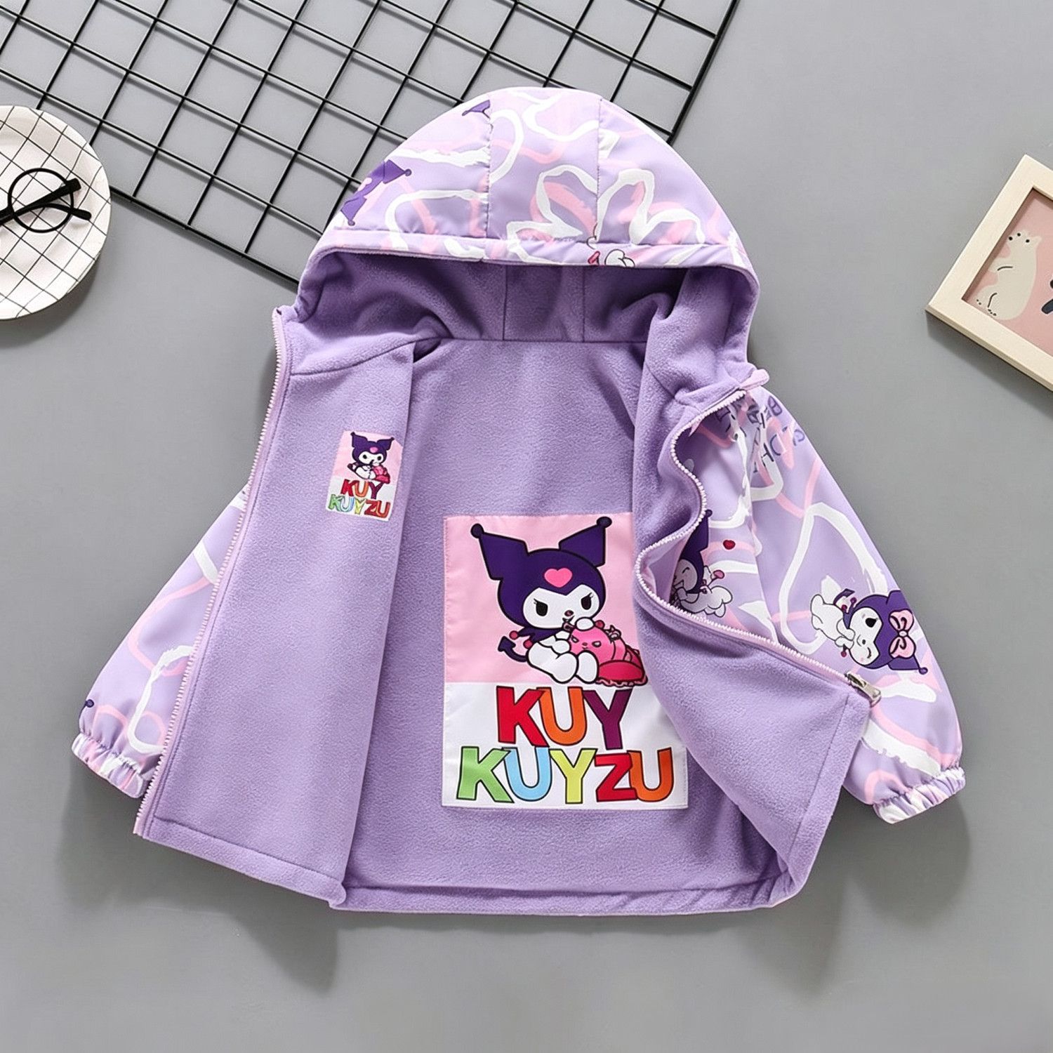 Girls' Double-Sided Polar Fleece Jacket 2026 New Spring/Autumn Children's Fleece Windbreaker Top with Cartoon Hood
