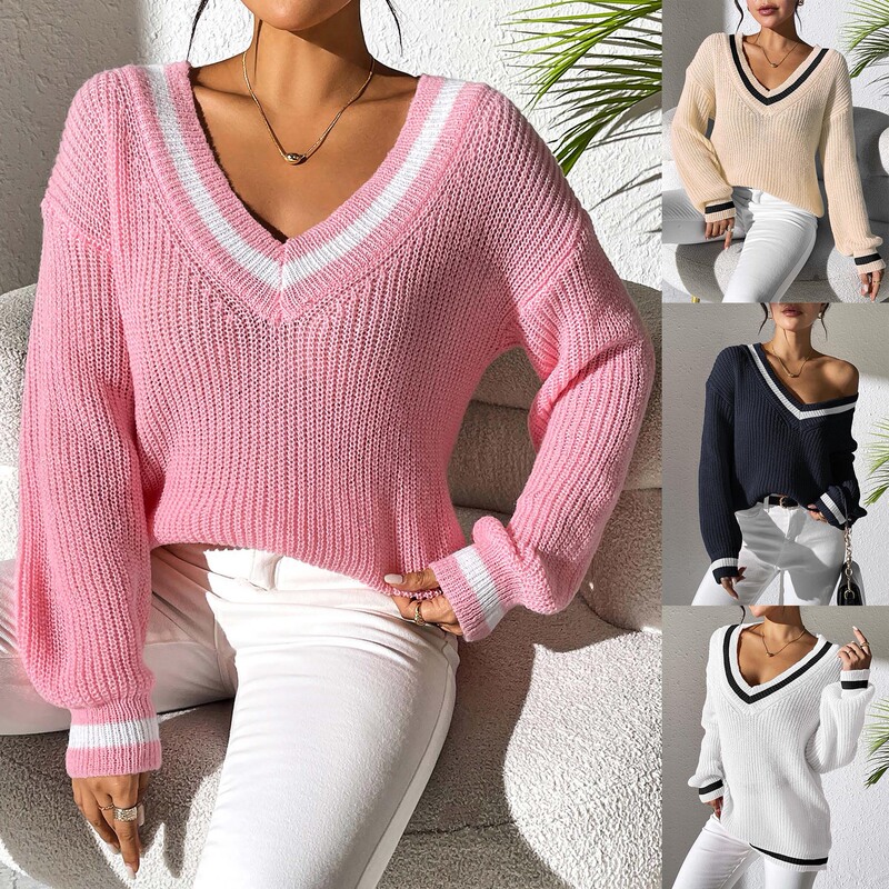 Cross-Border Women's Clothing, College-Style Women's Sweater, Color-Blocked V-Neck, Loose Casual, Lazy Style, Versatile 671 Christmas Sweater