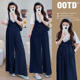 2025夏季孕妇防晒短袖+超薄背带裤孕妇显瘦休闲两件套孕妇套装