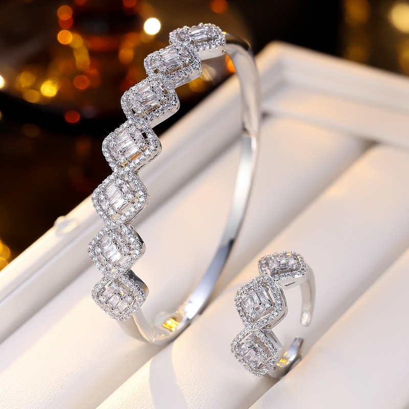 Cross-border foreign trade square zirconia open bracelet and ring set, hot-selling elegant and high-end fashion versatile jewelry Cross-border foreign trade square zirconia open bracelet and ring set, hot-selling elegant and high-end fashion versatile jewelry