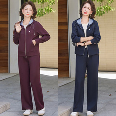 妈妈秋装时尚牛仔套装2025新款中老年女气质连帽卫衣运动服两件套