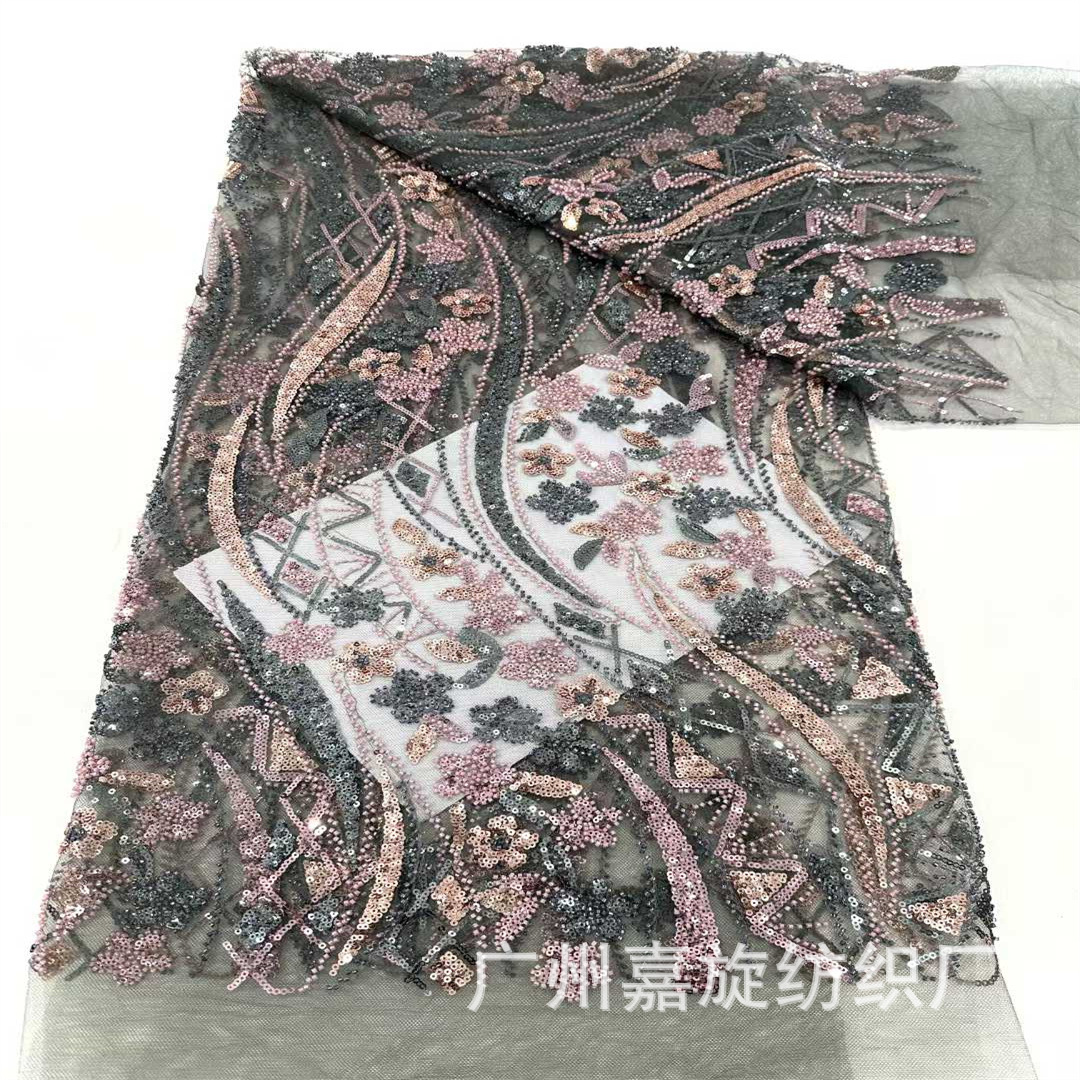 Vestido de novia francés industria pesada arroz cuentas lentejuelas encaje tela nupcial lentejuelas encaje tela J4003