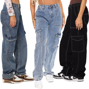 European and American cross-border foreign trade women's high waist elastic waist pants loose wide leg overalls multi-bag jeans