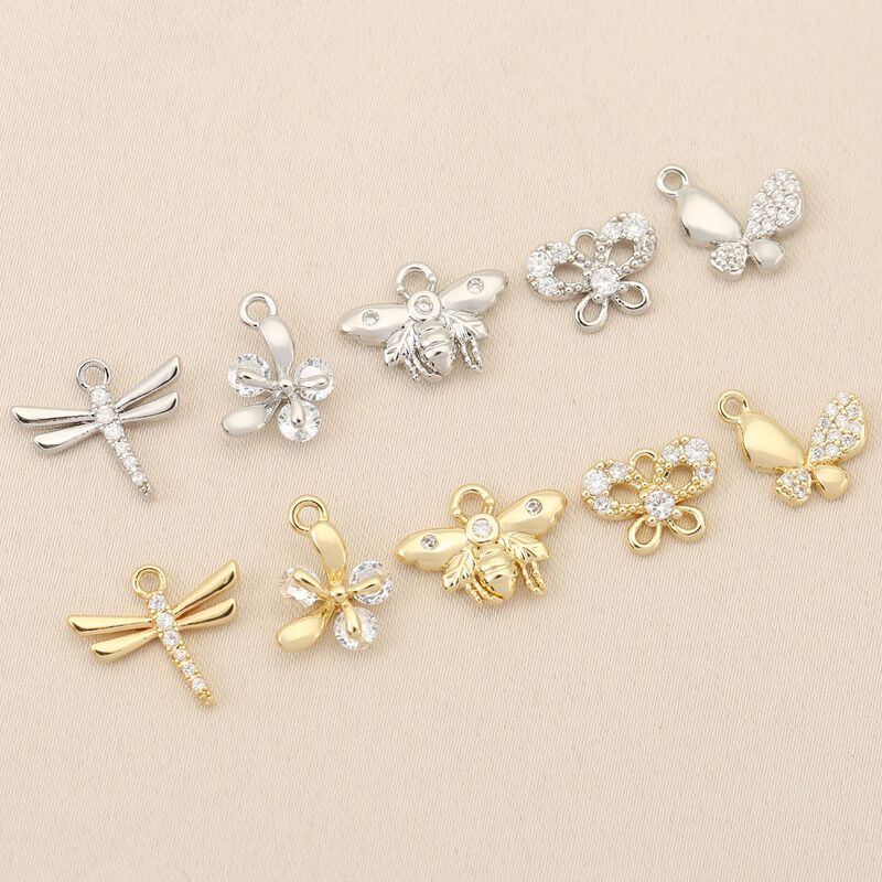 Brightly Shiny Copper Plated 18K Real Gold Insect Series with Zircon Inlay, Small and Cute Dragonfly Butterfly Pendant DIY Jewelry Accessories