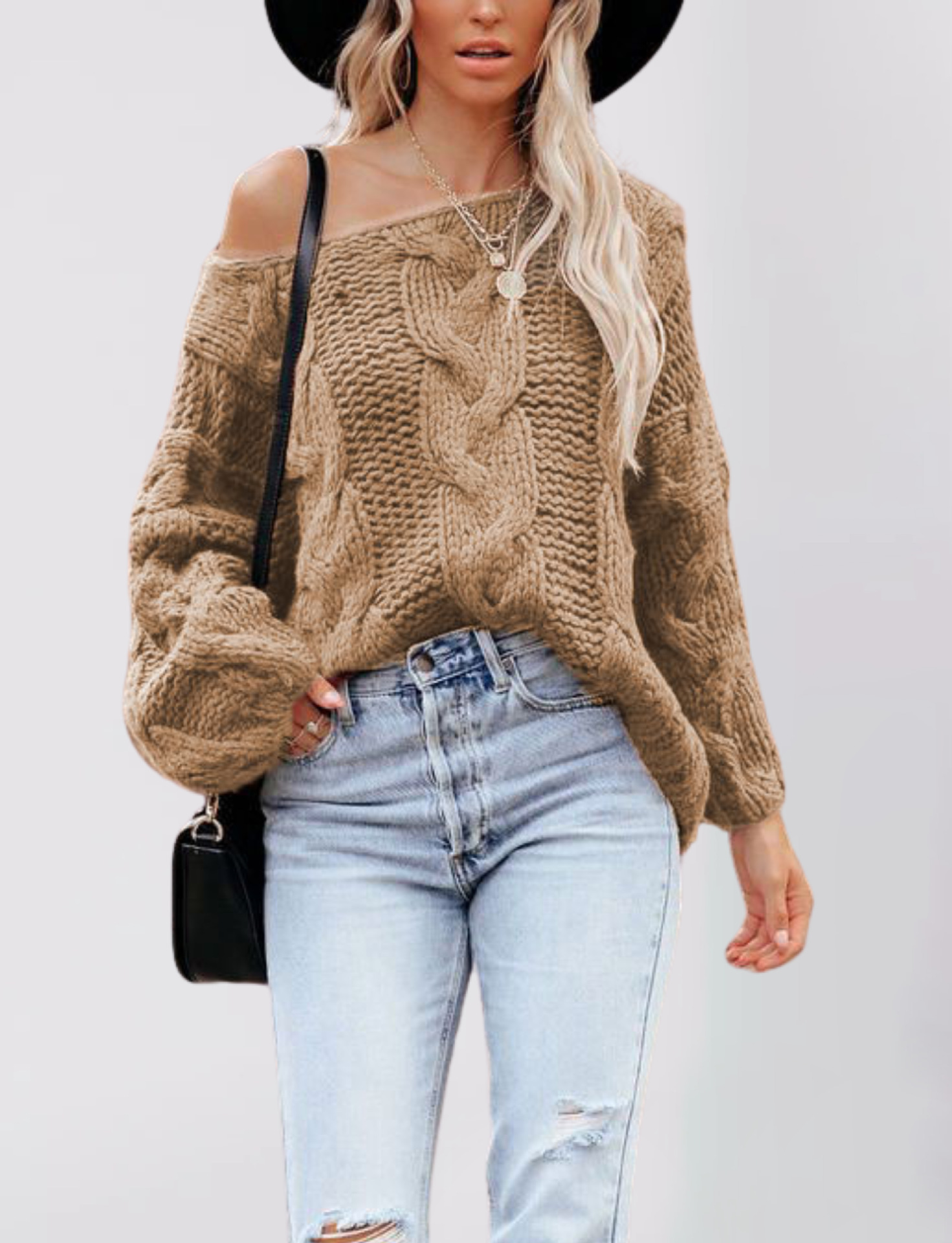 Suéter Holgado de Punto con Hombros Descubiertos y Estilo Urbano Europeo y Americano, Nuevo en Amazon para Otoño/Invierno 2025, Talla Grande para Mujer
