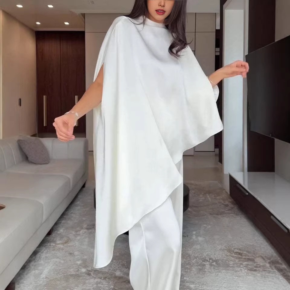 Women's Clothing Women's Fashion Satin Set With Designer Shawl Top And Wide Leg Pants Irregular Two Piece Ensemble_ecoleips.com
