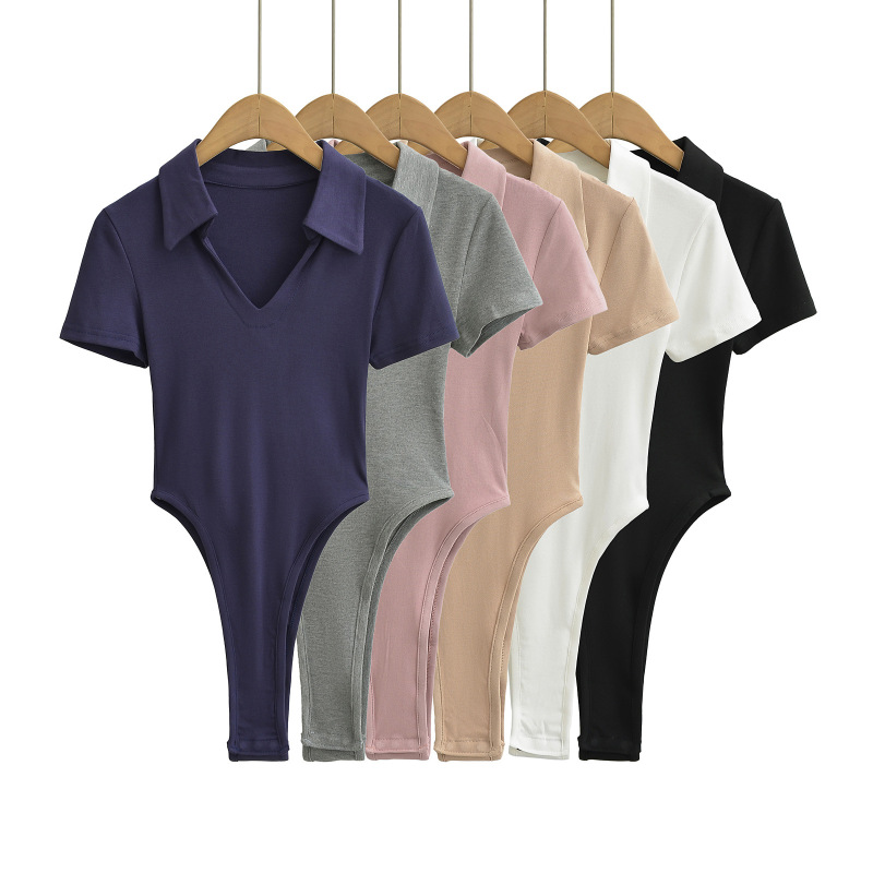 2024 Summer Sexy Spice Girl V-neck Jumpsuit Women's European and American Ins Tight Lapel Base Short-sleeved T-shirt Top 2024 Summer Sexy Spice Girl V-neck Jumpsuit Women's European and American Ins Tight Lapel Base Short-sleeved T-shirt Top