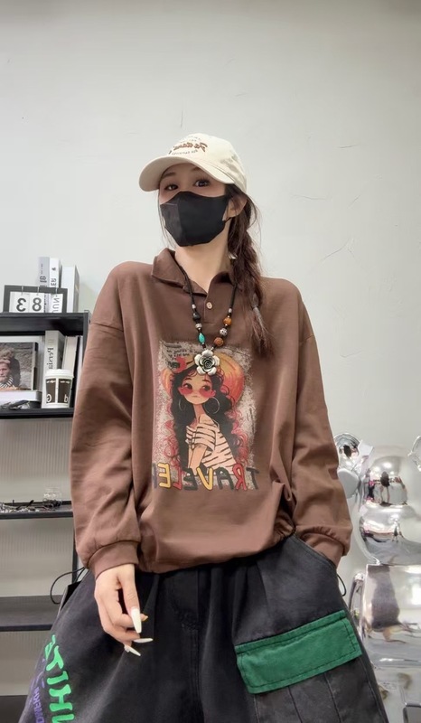卡通女孩印花卫衣女 2025秋新款韩版宽松休闲翻领下摆抽绳上衣|undefined