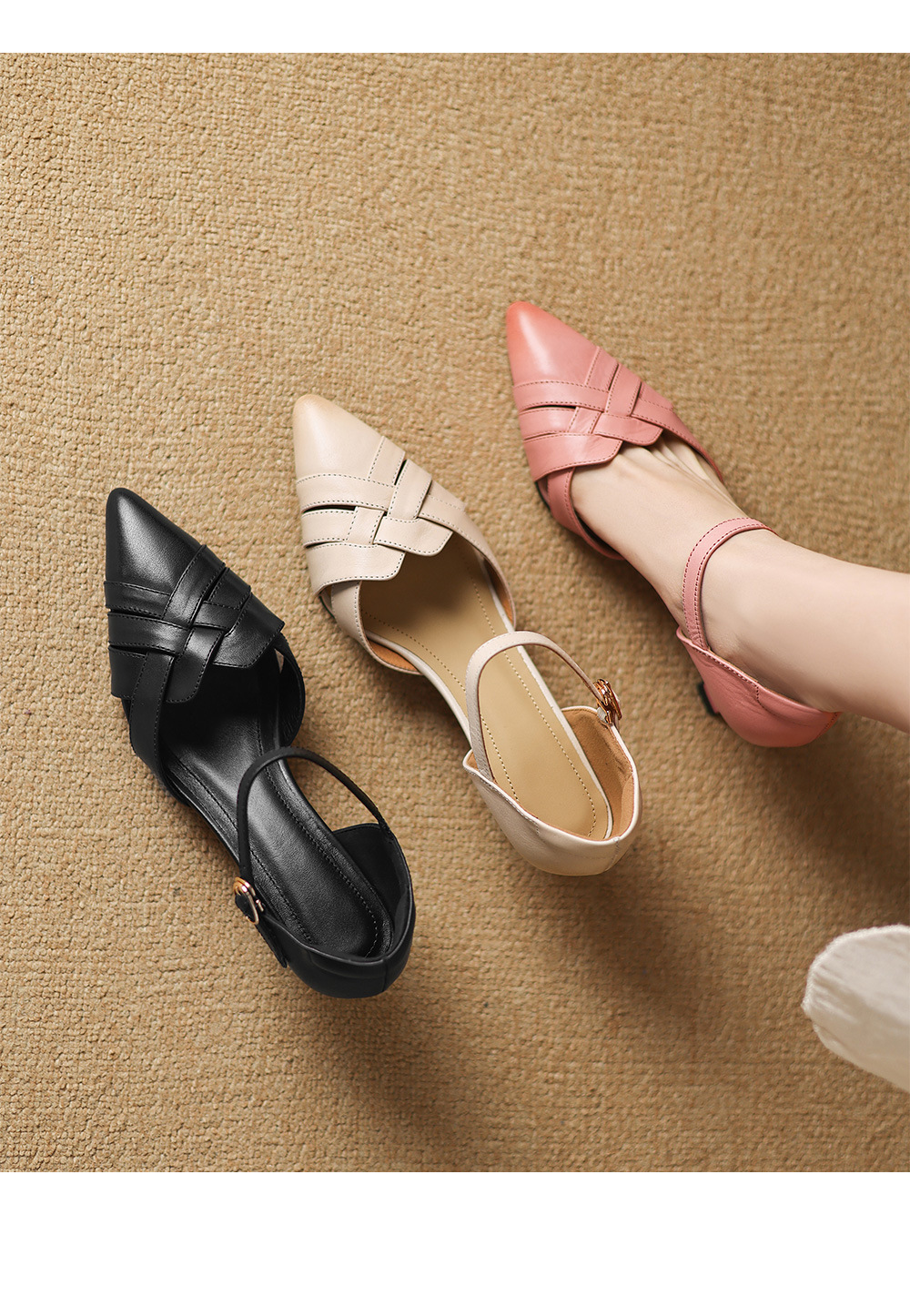 Giày sandal cao gót nữ quai ngang mũi nhọn da cừu gót 5,5 cm — đen chi tiết 6