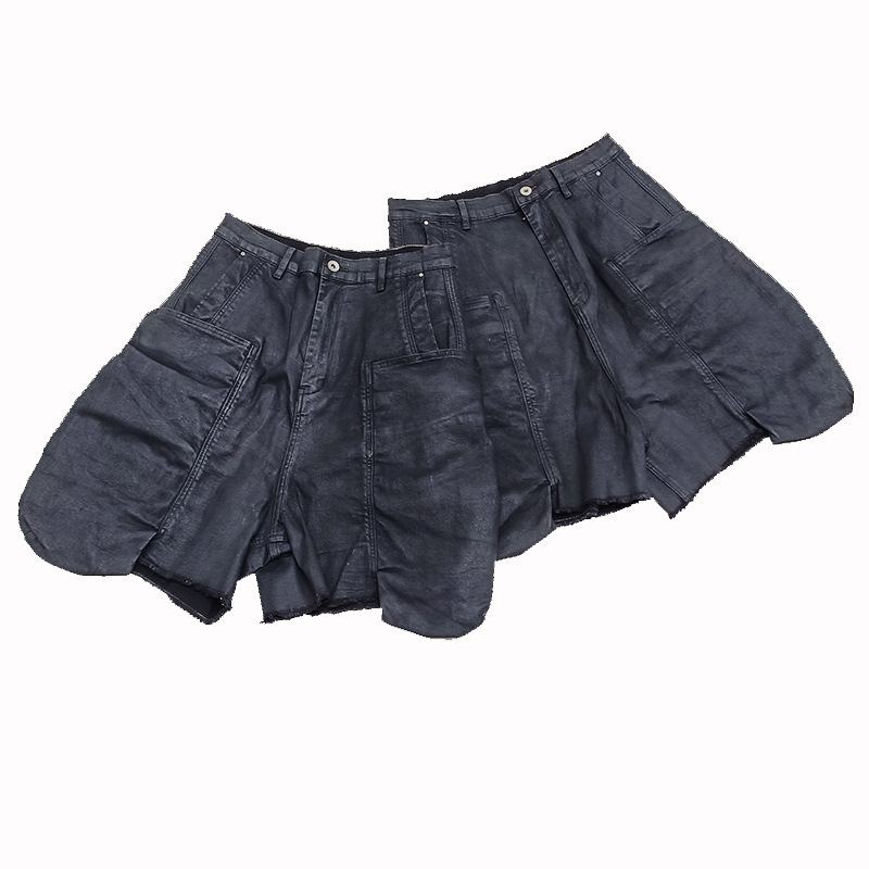 Ro Style Dark Street Waxed Coated Raw Edge Denim Shorts Multi-Pocket Casual Stretch Cargo Shorts