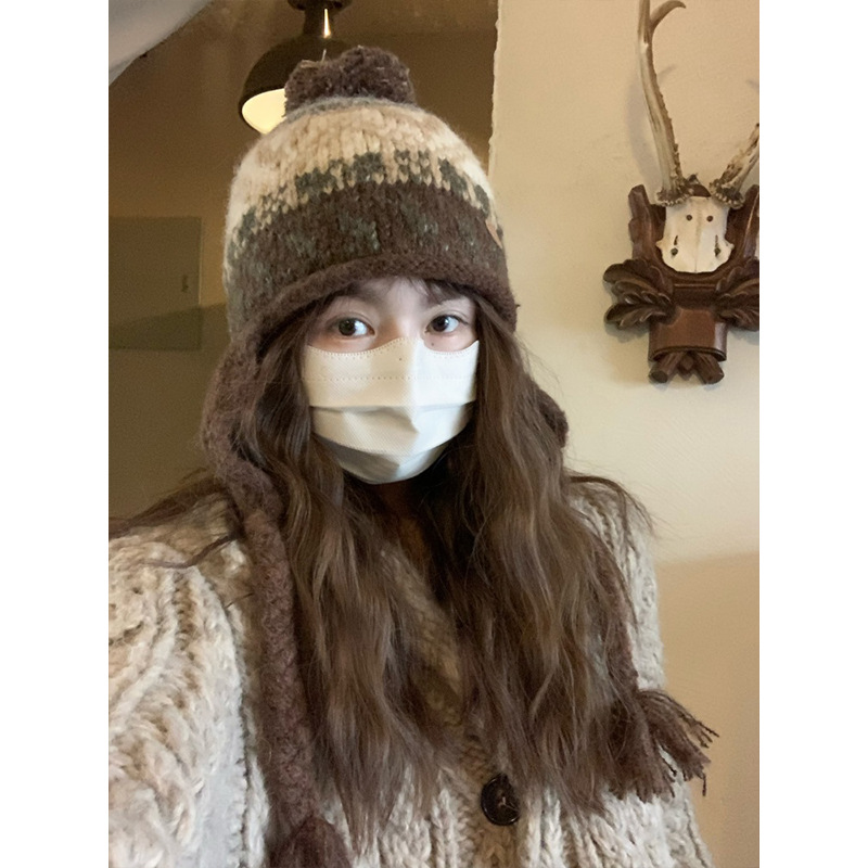 フェア島風毛糸帽子女子秋冬レトロ百合大頭囲保温ニット帽子顔小耳保護帽子