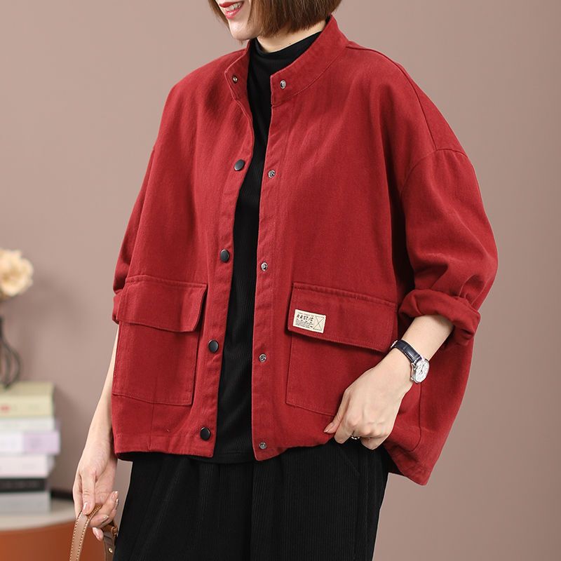 棉立领工装牛仔外套女士休闲夹克2025新款春秋宽松大码短款开衫|undefined