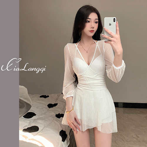 Swimsuit Women 2024 Summer Internet Famous New Style One-Piece Dress Type Hide Fat Slimming Lace Long Sleeve Small Chest Gathered Holiday Swimwear 