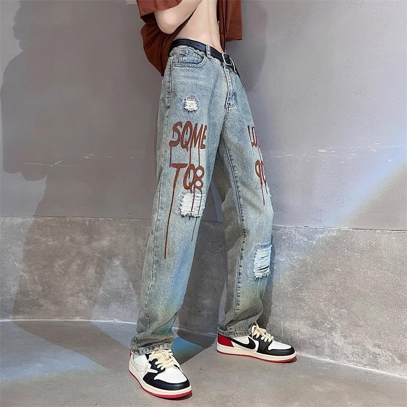American Street Niche Ripped Jeans Men's Letter Print BF Retro Hip Hop High Street Loose Casual Straight Pants