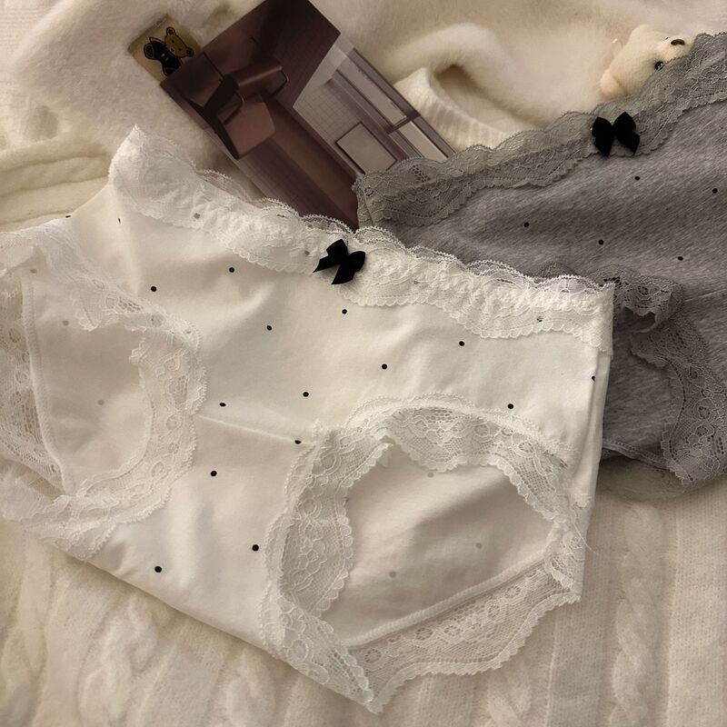 Cream Wave Dot ~ Fall/Winter French Retro Pure Cotton Underwear Women's Low Waist Sexy Lace Edge Pure Cotton Profile Briefs