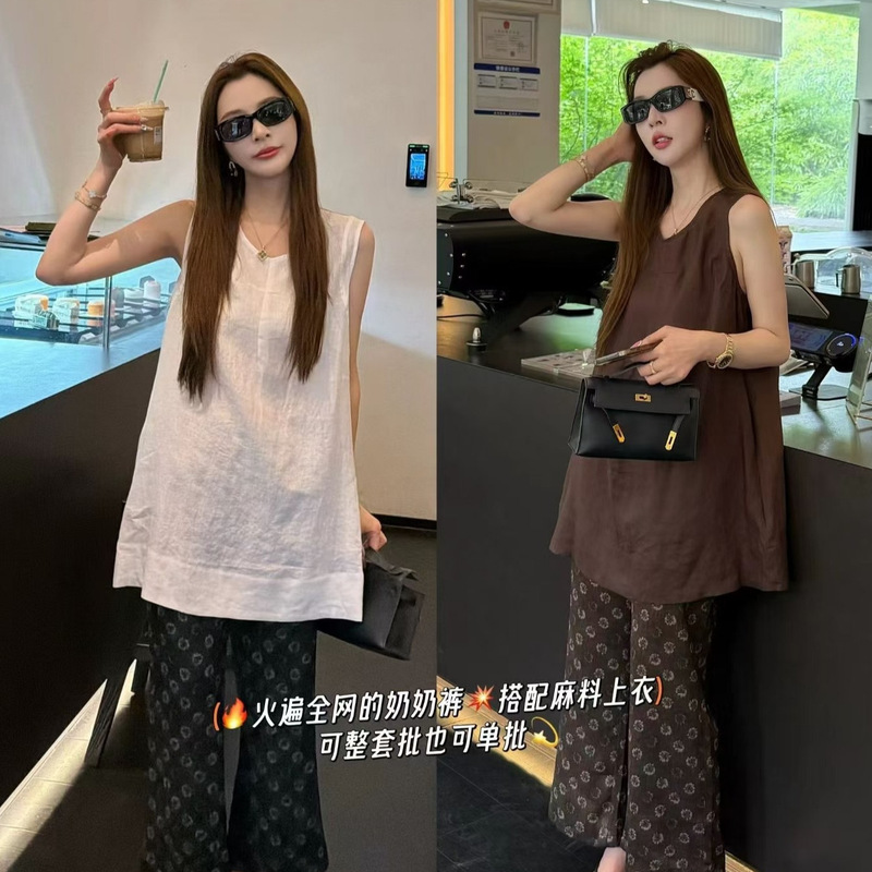 Round Neck Sleeveless Linen Vest Top + Straight Pants Two-Piece Set for Women 2026 Summer New Fashion Slimming Suit Round Neck Sleeveless Linen Vest Top + Straight Pants Two-Piece Set for Women 2026 Summer New Fashion Slimming Suit