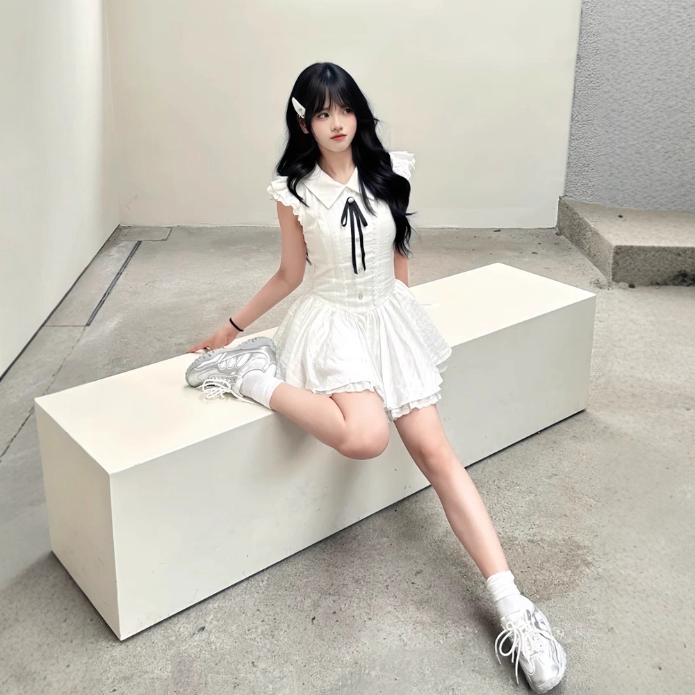 法式温柔风设计感蝴蝶结系带连衣裙女2025夏季新款气质甜美蓬蓬裙