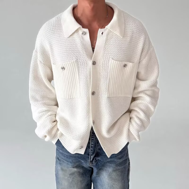 Solid Color Woven Tweed Symmetrical Pocket Lapel Button Placket Long-Sleeve Versatile Casual Men's Top for Commuting