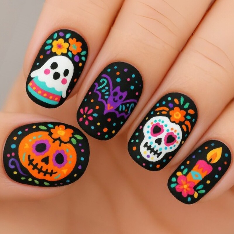 Halloween Press-On Nails Colorful Skull Ghost Pumpkin Bat Design 24-Piece European and American Fashion False Nails