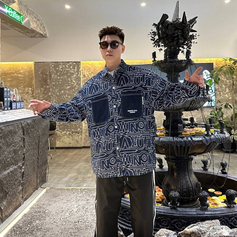 Rattan Large Size Men's Clothing Discount Impulse Style Washed Heavy Jacquard Line Large Flap Pocket Pants Denim Shirt Jacket for Men