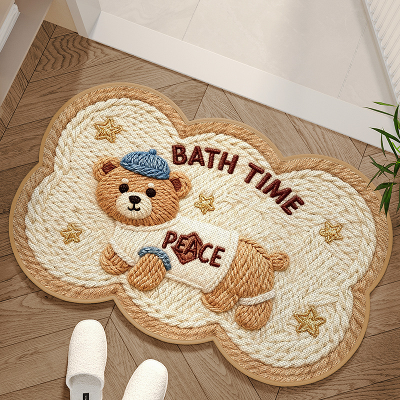 Cartoon Woven Style Bathroom Floor Mat, Shower Room, Stain-Resistant, Non-Slip Mat, Bathroom Absorbent, Quick-Drying Linen Floor Mat