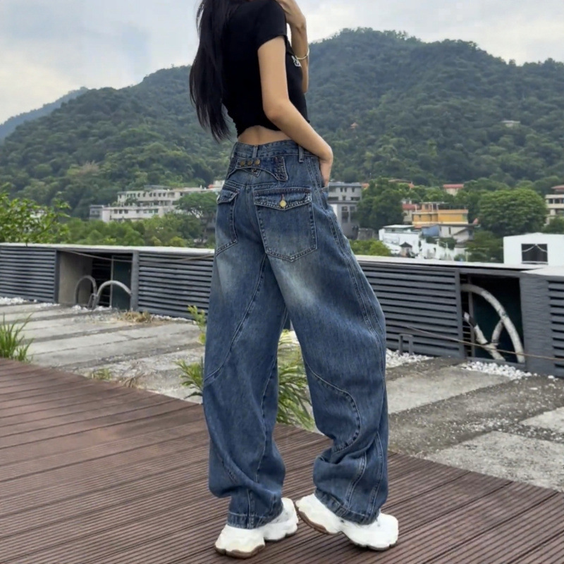 复古阔腿牛仔裤女秋季新款大码胖mm高腰显瘦宽松遮肉弯刀直筒裤子|undefined