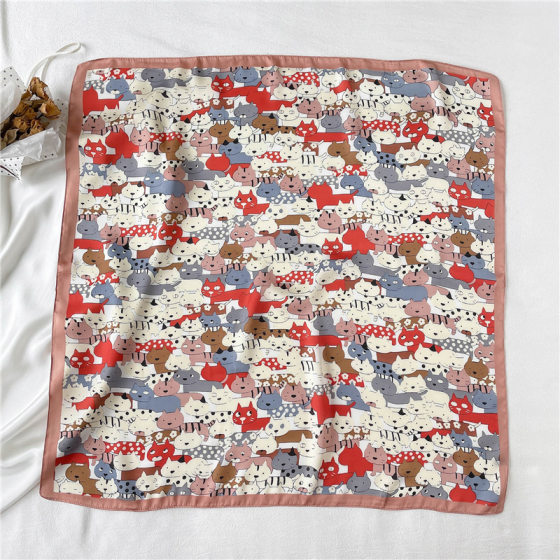 New Scarf Women's Western Style Small Square Cute Cartoon Kitten Puppy Scarf 70cm Autumn Travel Sunscreen Shawl