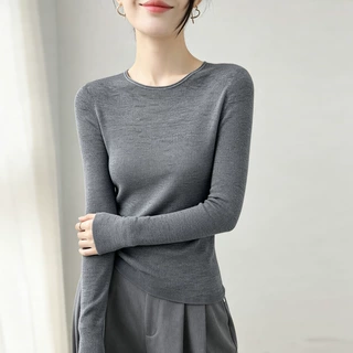 轻奢扬子纱圆领无缝套头针织衫上衣女秋冬100纯羊毛打底女装毛衣