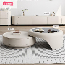 茶几家用客厅玻璃小户型轻奢现代简约意式奶油网红圆形电视柜组合