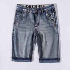 High-end summer thin denim shorts, loose elastic straight anti-theft zipper 5-point mid-sized pants, men's denim shorts