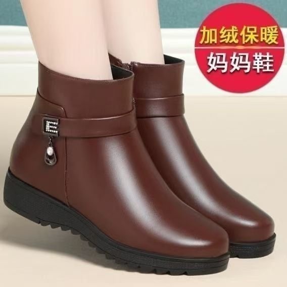软皮马丁靴女鞋2025秋冬新款时装靴加绒加厚妈妈棉鞋平底防滑短靴|undefined