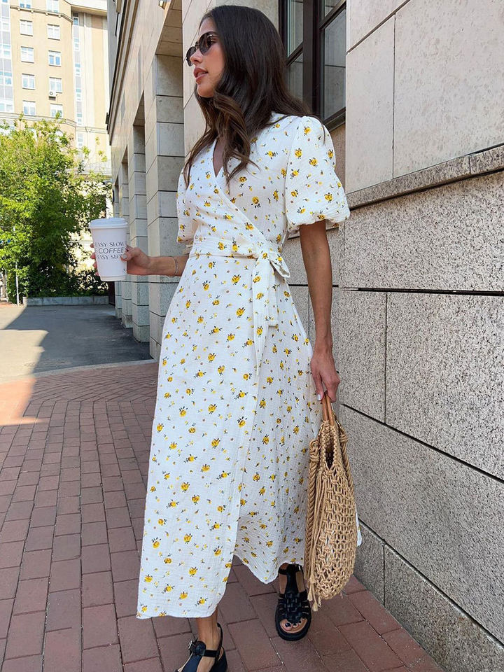 Đầm liền cotton in hoa cổ chữ V tay bồng buộc dây lưng cao — Hoa oải hương, Hoa tulip màu hồng, Màu be, Màu hồng chi tiết 133