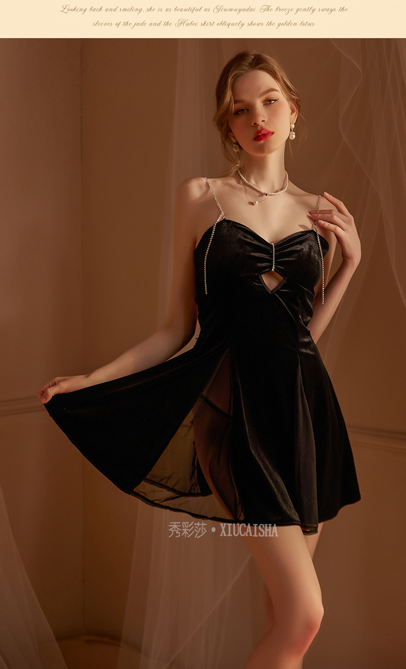 Red Velvet-Feel Sling Nightgown with Rhinestone Detail, One Size, Roleplay Lingerie — detail image 21