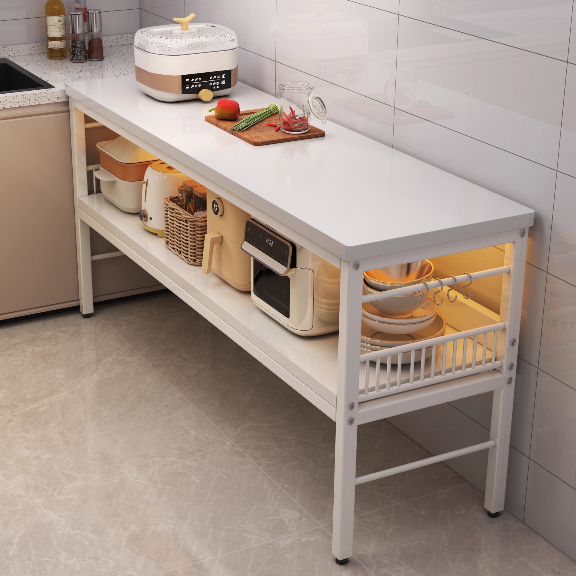 Estante de cocina 2025 nuevo piso mesa multicapa mesa de corte de vegetales mesa de trabajo multifunción microondas almacenamiento gabinete lateral