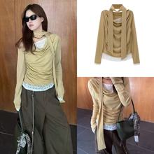 AVV  冬季新品设计师款假两件荡领飘带针织T蕾丝