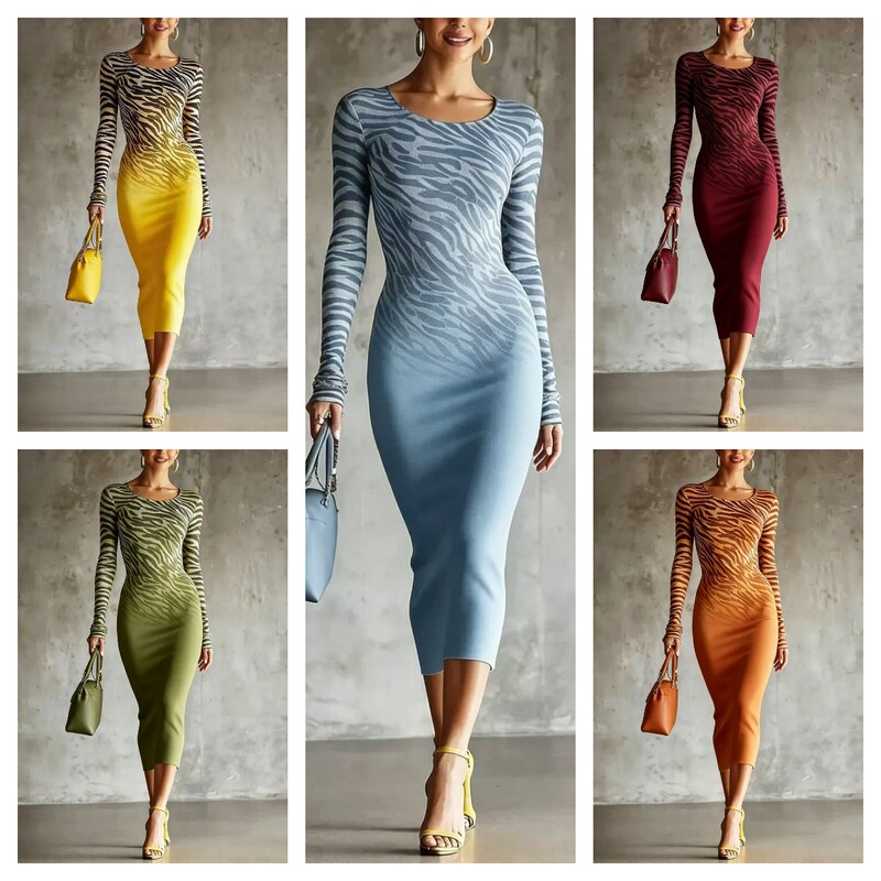 European and American cross-border gradient zebra print long-sleeve round-neck bodycon midi dress, slim fit stretch midi dress European and American cross-border gradient zebra print long-sleeve round-neck bodycon midi dress, slim fit stretch midi dress