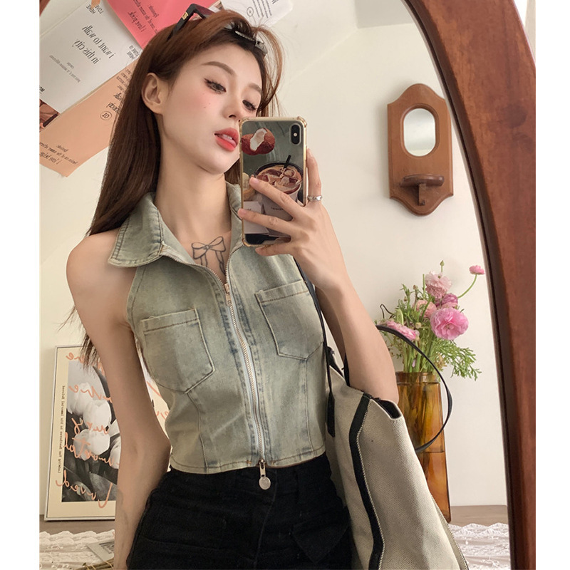 Hot Girl Design polo Collar Backless Denim Vest Summer Women's Fashionable Korean Style Slim-Fit Short Halter Top