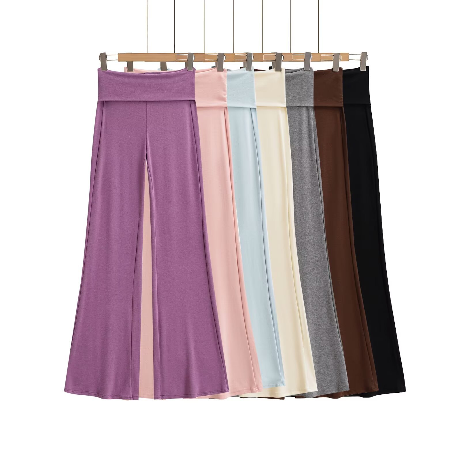 European and American Style Summer Cuffed High-Waisted Casual Pants, Comfortable and Versatile Thin Solid Color Cotton Flared Wide-Leg Pants