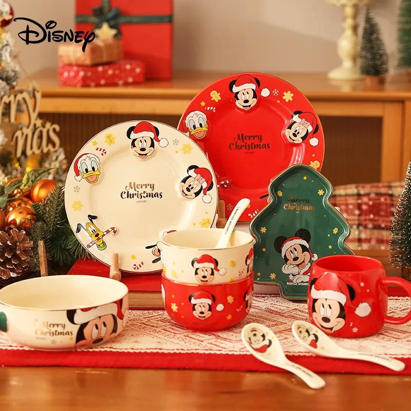 Red Mickey Christmas Ceramic Tableware Set with Embossed Bowls and Plates, Cute Children's Eating Bowls for Home Use and Gift Giving