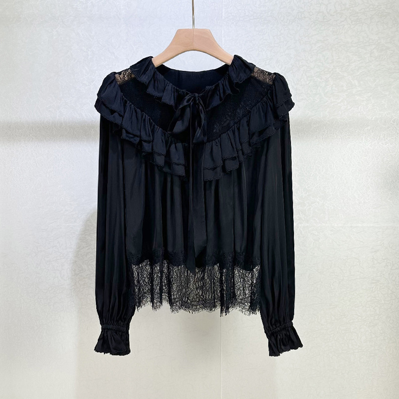 French-Style Light Mature Style, Black Versatile Elegant Lace Patchwork Ruffled Sheer Sexy Tie-Up Long-Sleeve Shirt