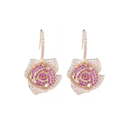 European and American heavy industry earrings for women, elegant and exaggerated dinner micro-inlaid zircons, fashionable and personalized ear hooks, three-dimensional camellia earrings