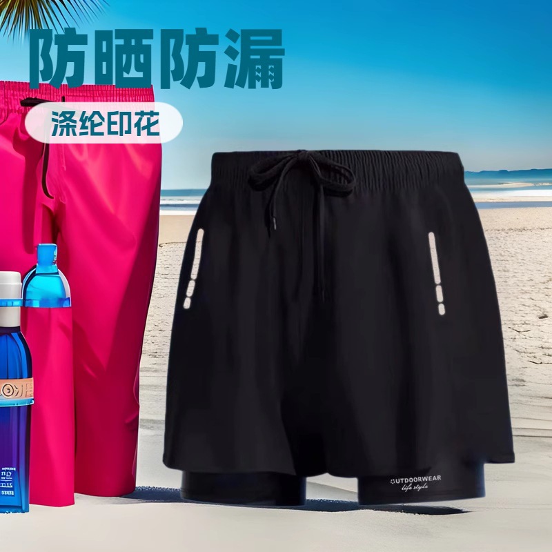 New Men's Swimming Trunks Double-Layer Anti-Embarrassment Boxer Briefs Plus Size Fashion Printed Beach Pants Quick-Drying Swimming Trunks