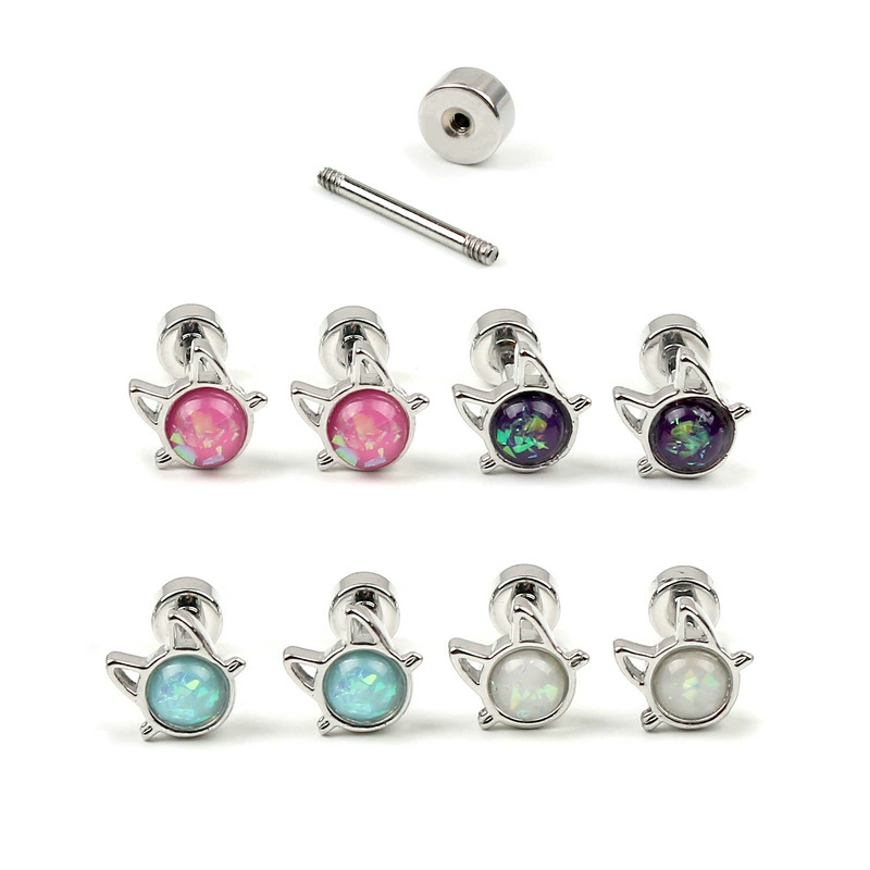 Милые серьги-гвоздики с опалом и котом, серьги-гвоздики из титановой стали, винтовые серьги-гвоздики из нержавеющей стали, ювелирные изделия для пирсинга