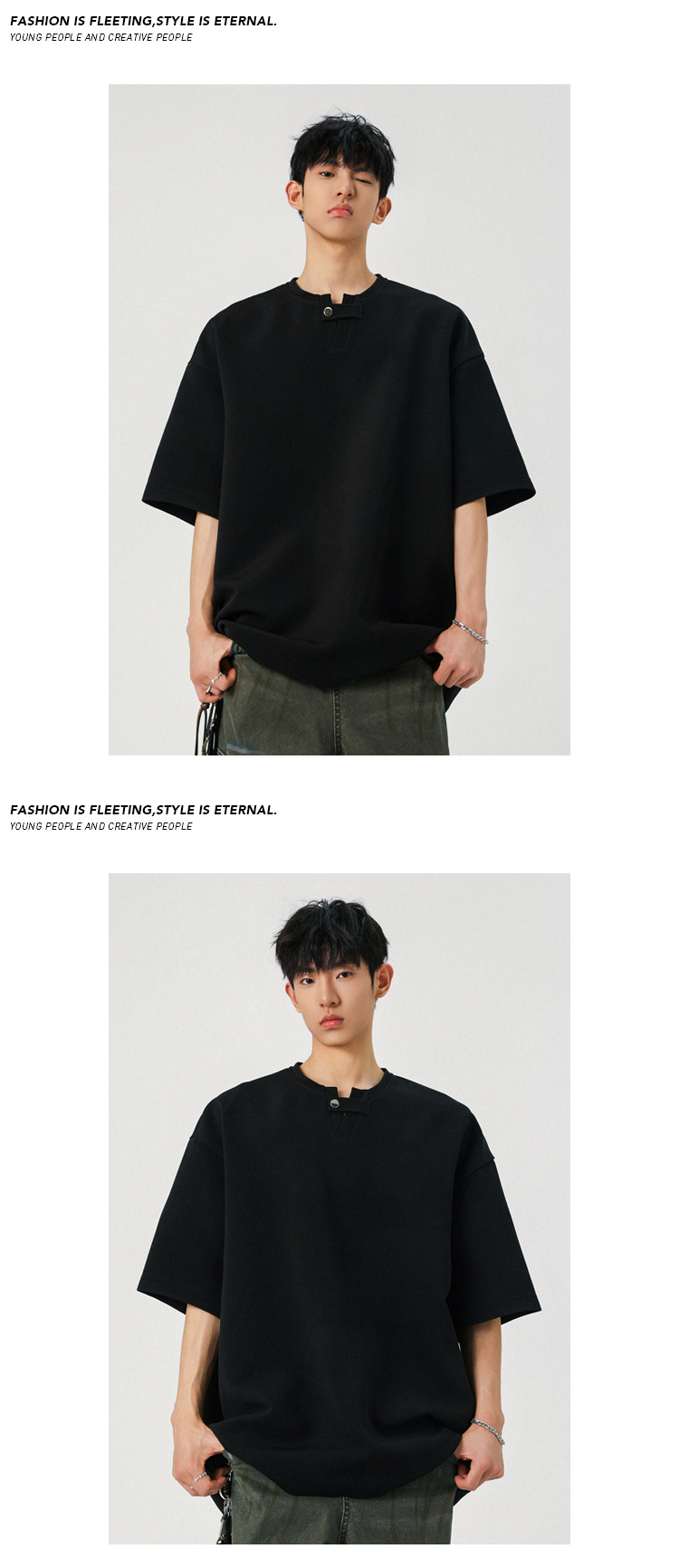 Loose Fit Men's T-shirt High Street Style Solid Colour Summer_voghion.com
